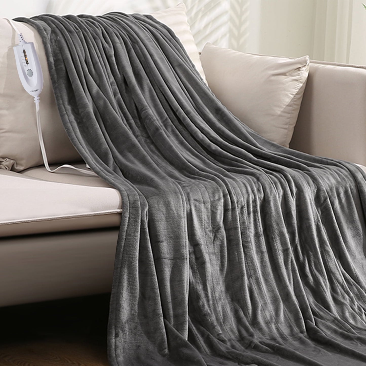 Heynemo Electric Heated Blanket, 60" x 50" Double-Layer Flannel, 4 Heat Settings and Auto-off, Holiday Gift for Family, Gray