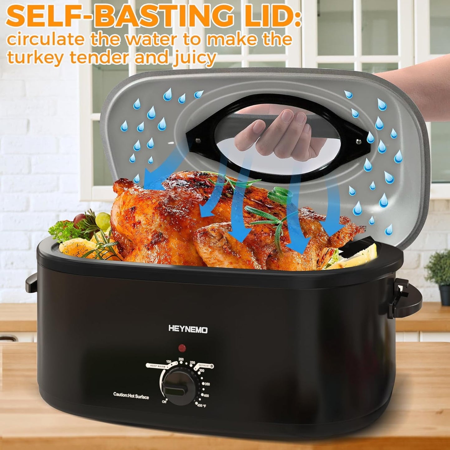 Superjoe 26 Quart Roaster Oven with Self-Basting Lid, Electric Turkey Roaster with Thaw & Warm Function, Adjustable Temperature Roaster With Removable Pan & Rack, Stainless Steel, Black