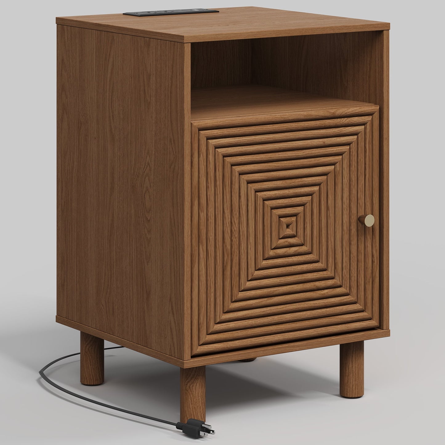 Heynemo Wood Nightstand with Storage, Bedside Table with Charging Station and Solid Wood Legs, Ideal for Living Room, Bedroom, Entryway, Brown