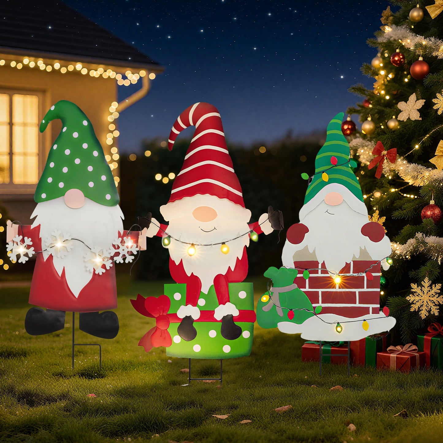 Heynemo Solar Christmas Gnome Yard Stake, Lighted Metal Holiday Garden Decoration, Waterproof Lawn & Pathway Ornament, Present Style