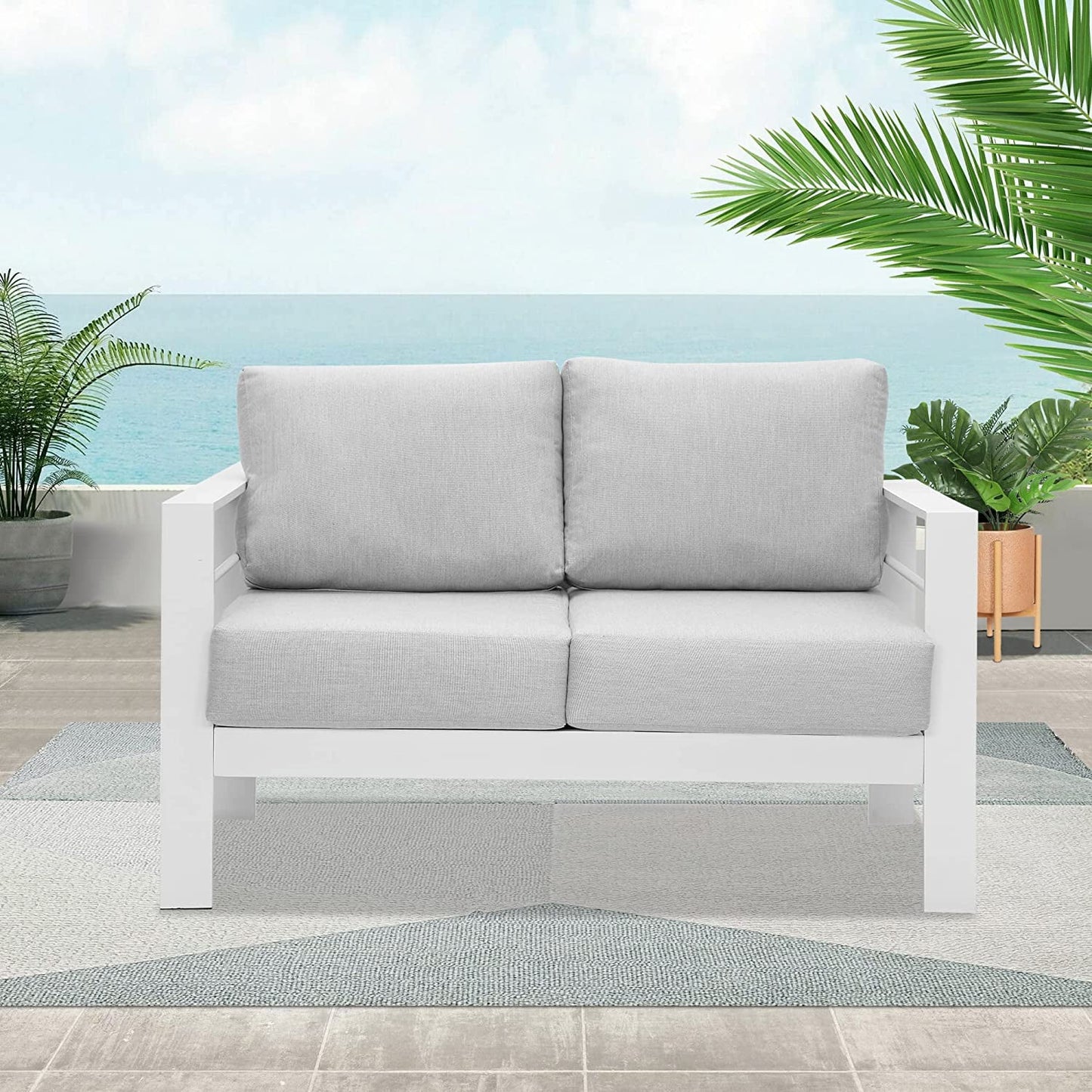 Superjoe Outdoor 2 Seats Patio Aluminum Loveseat Furniture, All-Weather Sofa Couch White Metal Chair with Cushions, Light Grey
