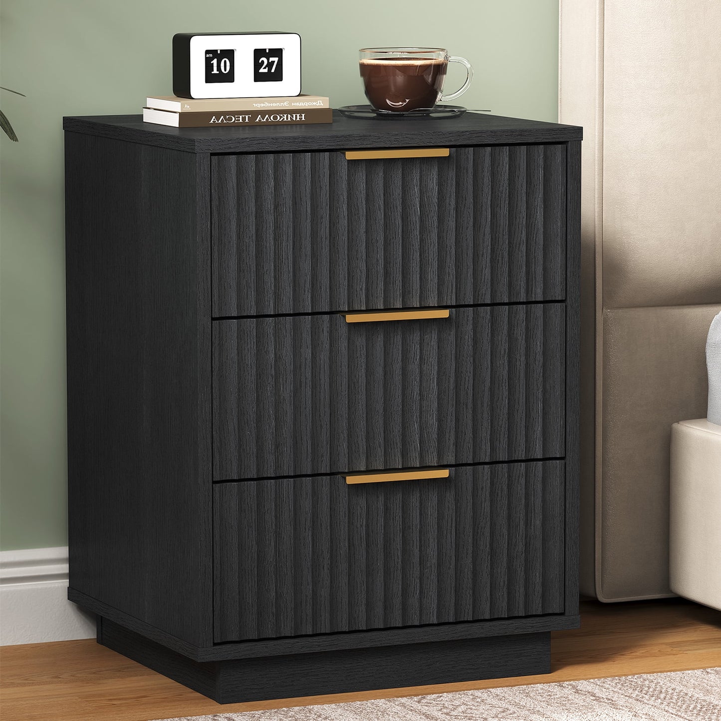 Heynemo Low 3-Drawer Dresser Set of 2, Modern Storage Cabinet with Wavy Drawers for Bedroom, Hallway, or Living Room, Black