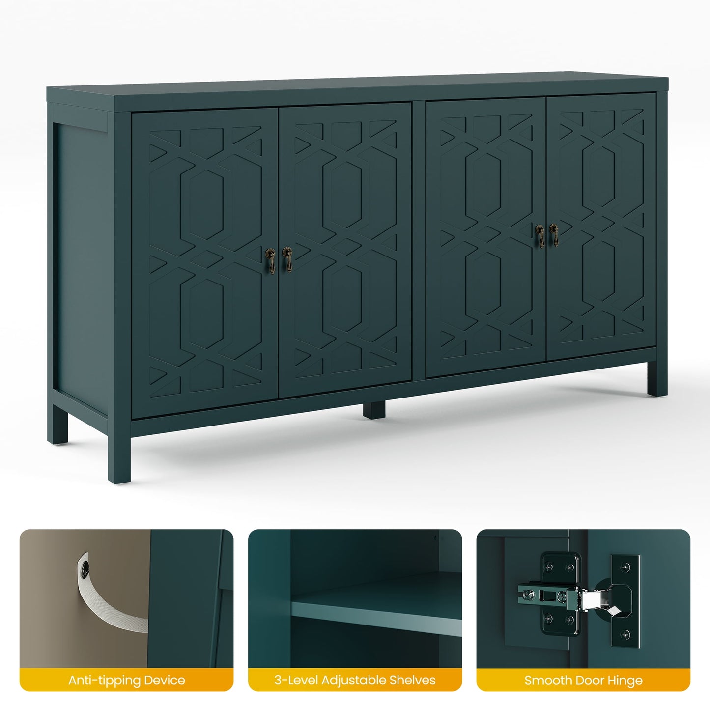 Heynemo Sideboard Buffet, 58'' Mid Century Modern Sideboard Buffet with 4 Doors and Adjustable Shelves, Sideboard Buffet for Entryway, Dining Room, Living Room, Bedroom, Turquoise