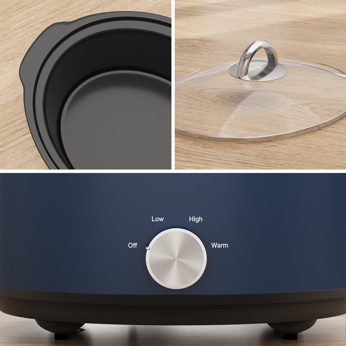 Heynemo 4QT Compact Ceramic Slow Cooker & Food Warmer with 3 Temperature Settings - Blue