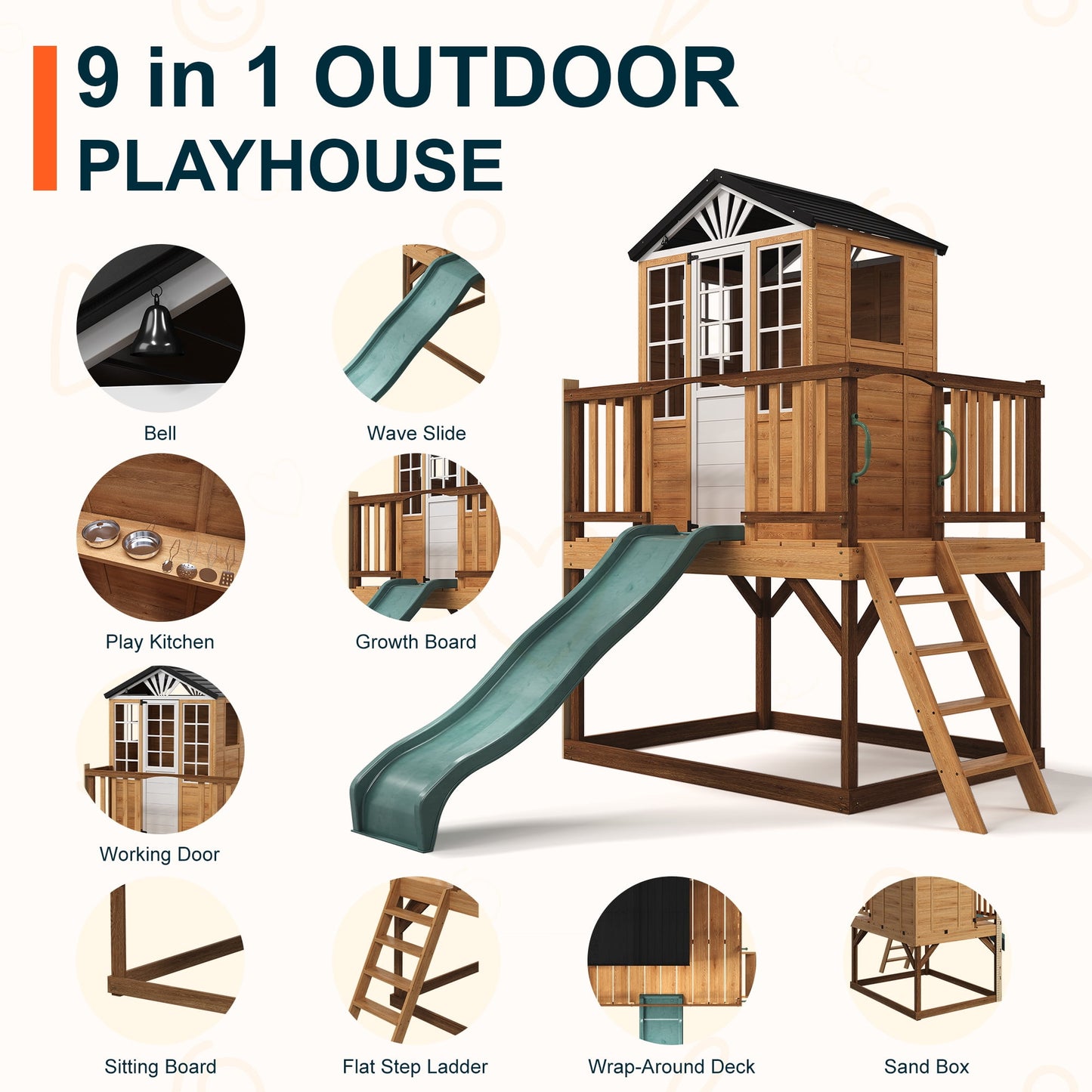 Heynemo All-in-One Backyard Playset for Kids 3-10: 9-in-1 Wooden Playhouse with Slide, Sandbox & Pretend Kitchen for Imaginative Outdoor Fun