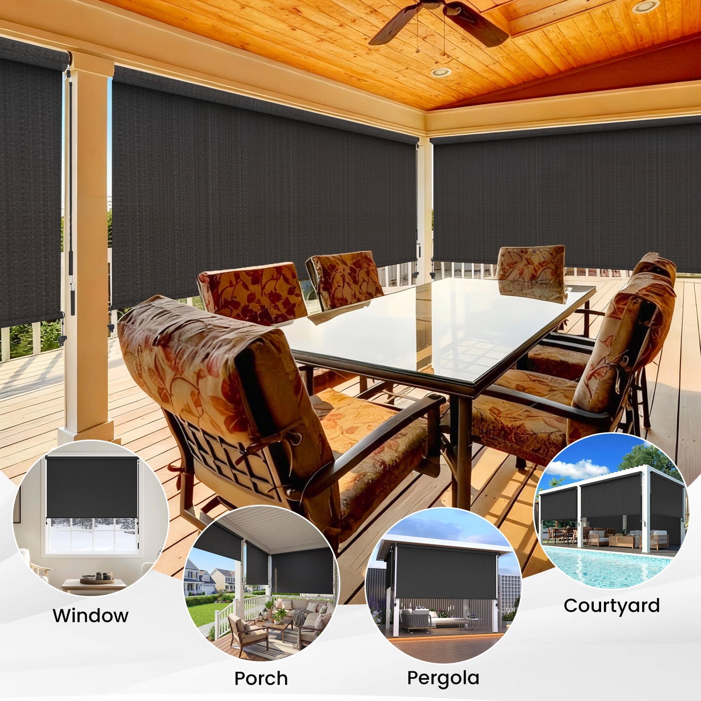 CozyHome Outdoor Roller Shade 10' x 8', Cordless Patio Shade Blind with Crank Handle, 95% UV Protection, Aluminum Privacy Sun Shade for Patio, Black