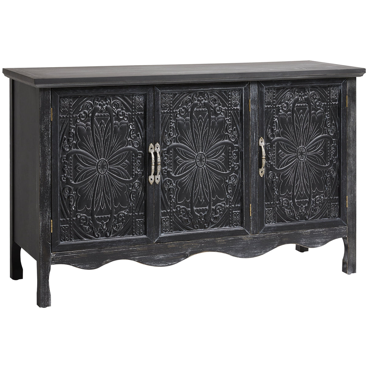 Heynemo Vintage Sideboard Buffet Cabinet with 3 Carved Doors and Adjustable Shelves, Wood Credenza for Kitchen, Dining Room, Living Room, Bedroom, Black