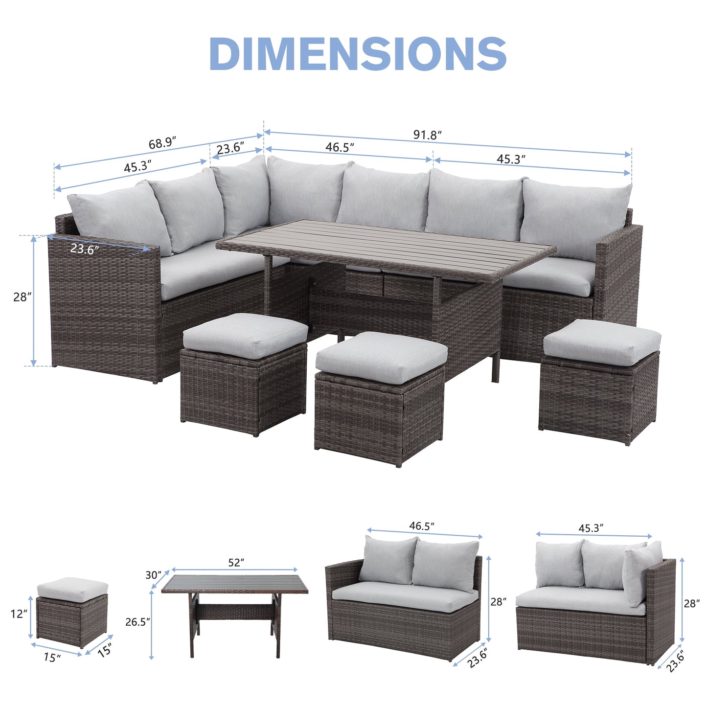 Heynemo 7 Piece Outdoor Patio Furniture Set, Dining Sectional Sofa with Dining Table Chair, All Weather Wicker Conversation Set with Ottoman, Grey