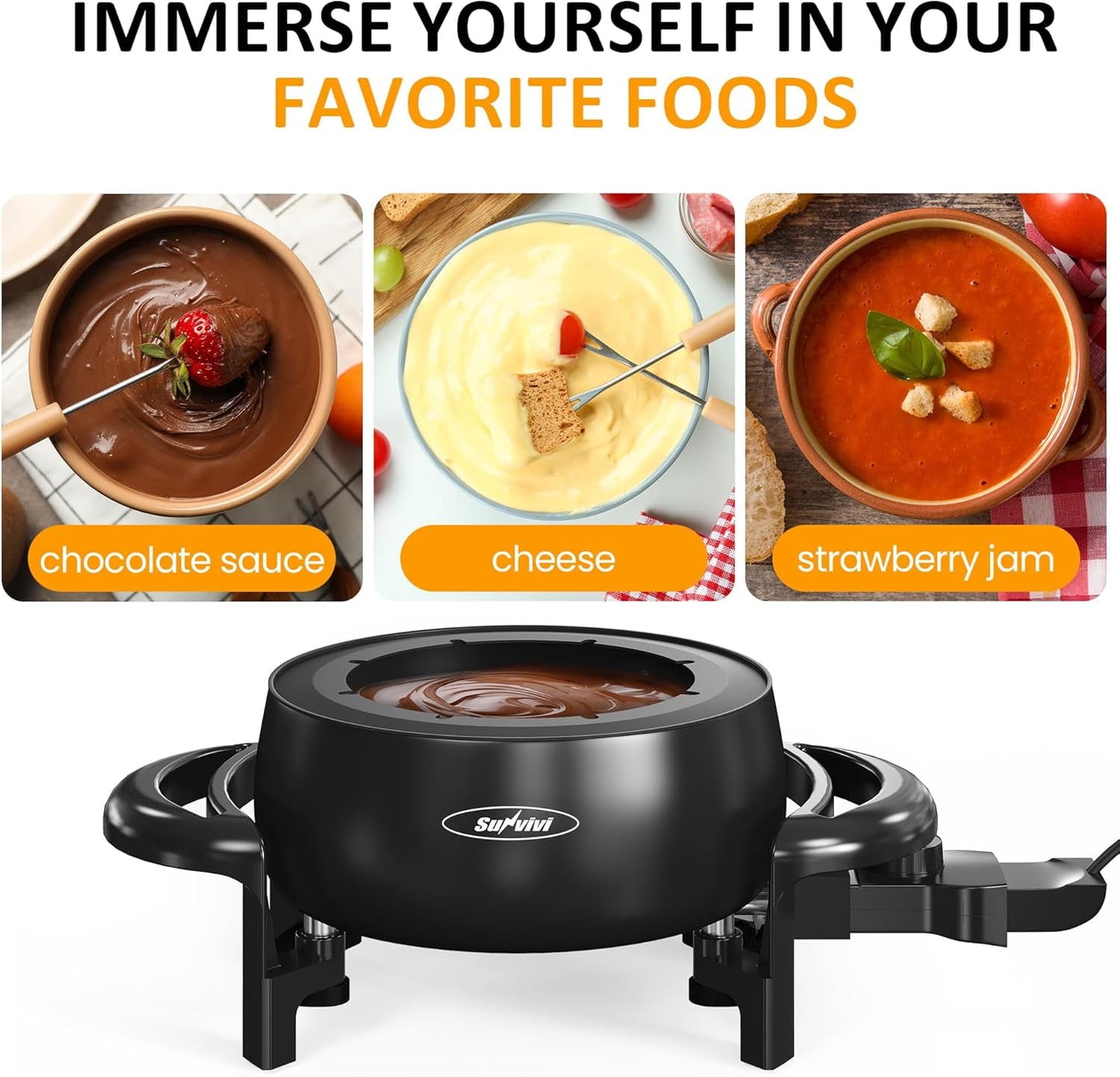 Superjoe Electric Fondue Pot Set for Melting Chocolate Cheese, 3 Quart Fondue Set with Adjustable Temperature Control and 8 Color-Coded Forks, 1000W Non-Stick Fondue Maker for Dessert, Oil and Broth