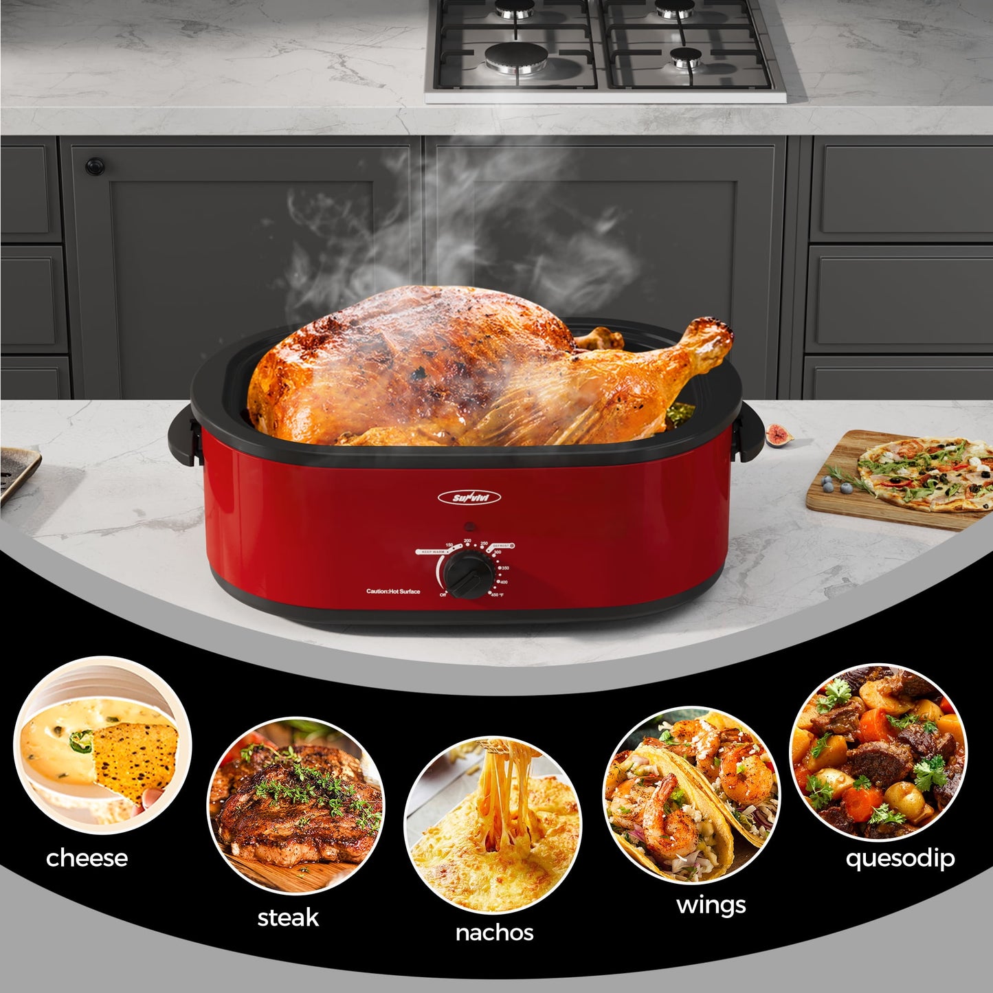 Sunvivi Roaster Oven with Self-Basting Lid, 18qt Electric Roaster with Removable Pan & Rack, Turkey Roaster Oven with Defrost & Warm Function, Stainless Steel, Red-3