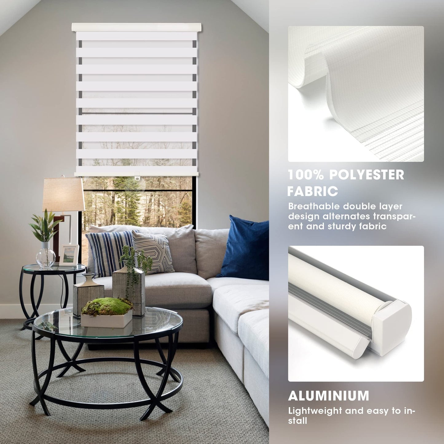 Royalcraft Cordless Zebra Blinds for Windows, Layer Zebra Roller Shades Blinds for Windows, Sheer or Privacy Light Control, Day and Night Window Shades for Living Rome, Office