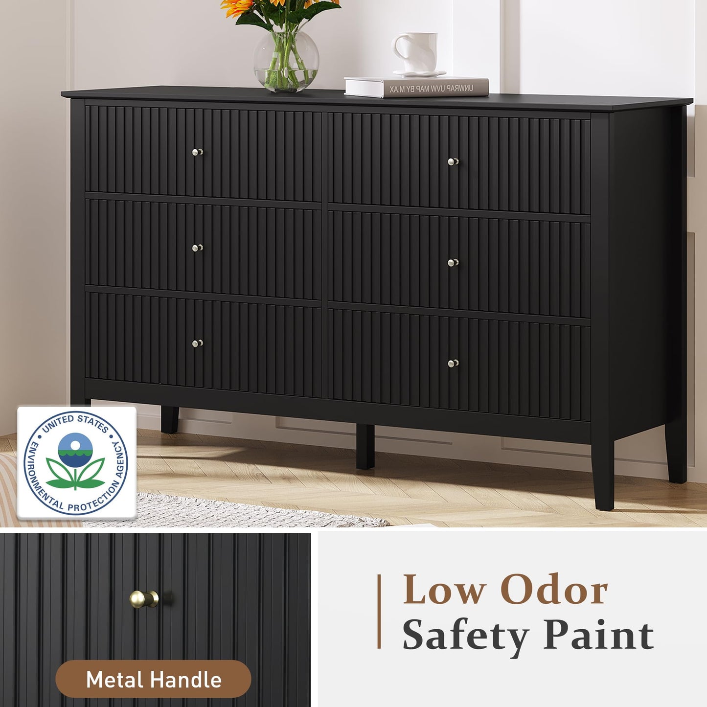 Black 6-Drawer Modern Wood Dresser, Fluted Chest with Ball Bearing Slide, Bedroom or Living Room Storage