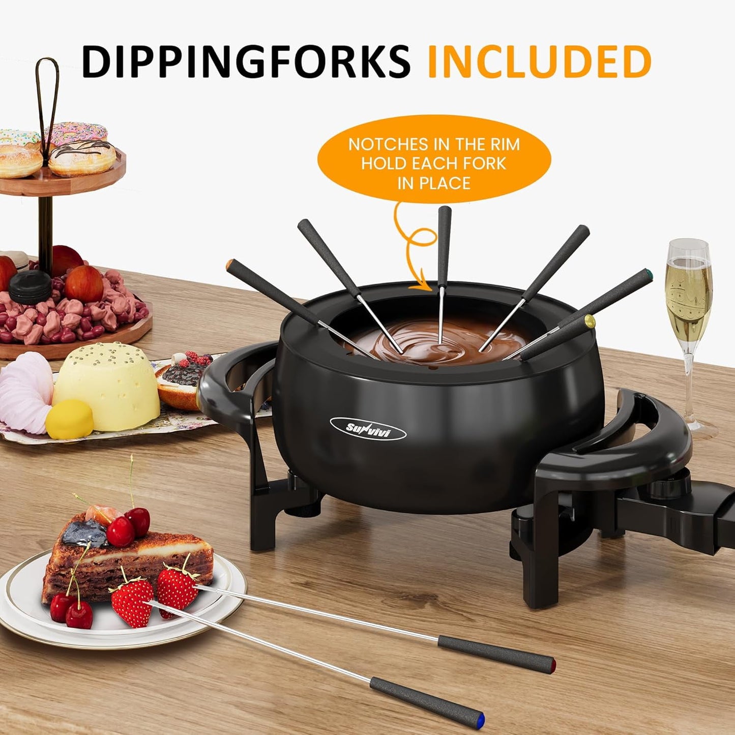 Superjoe Electric Fondue Pot Set for Melting Chocolate Cheese, 3 Quart Fondue Set with Adjustable Temperature Control and 8 Color-Coded Forks, 1000W Non-Stick Fondue Maker for Dessert, Oil and Broth