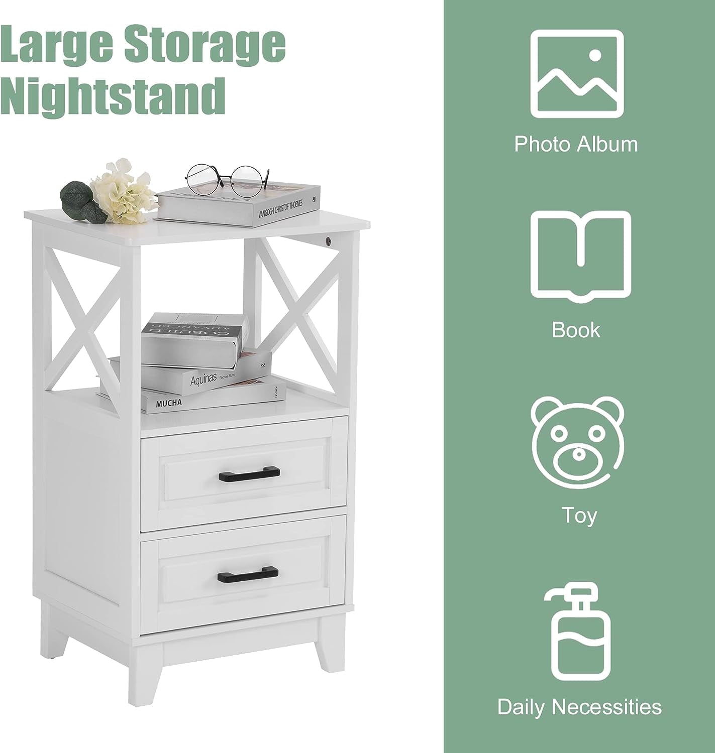 RoyalCraft White Nightstand Set of 2, Wood X-Design Tall Nightstand with 2 Drawers, Modern Side Tables with Storage, Bedside End Tables for Bedroom, Living Room