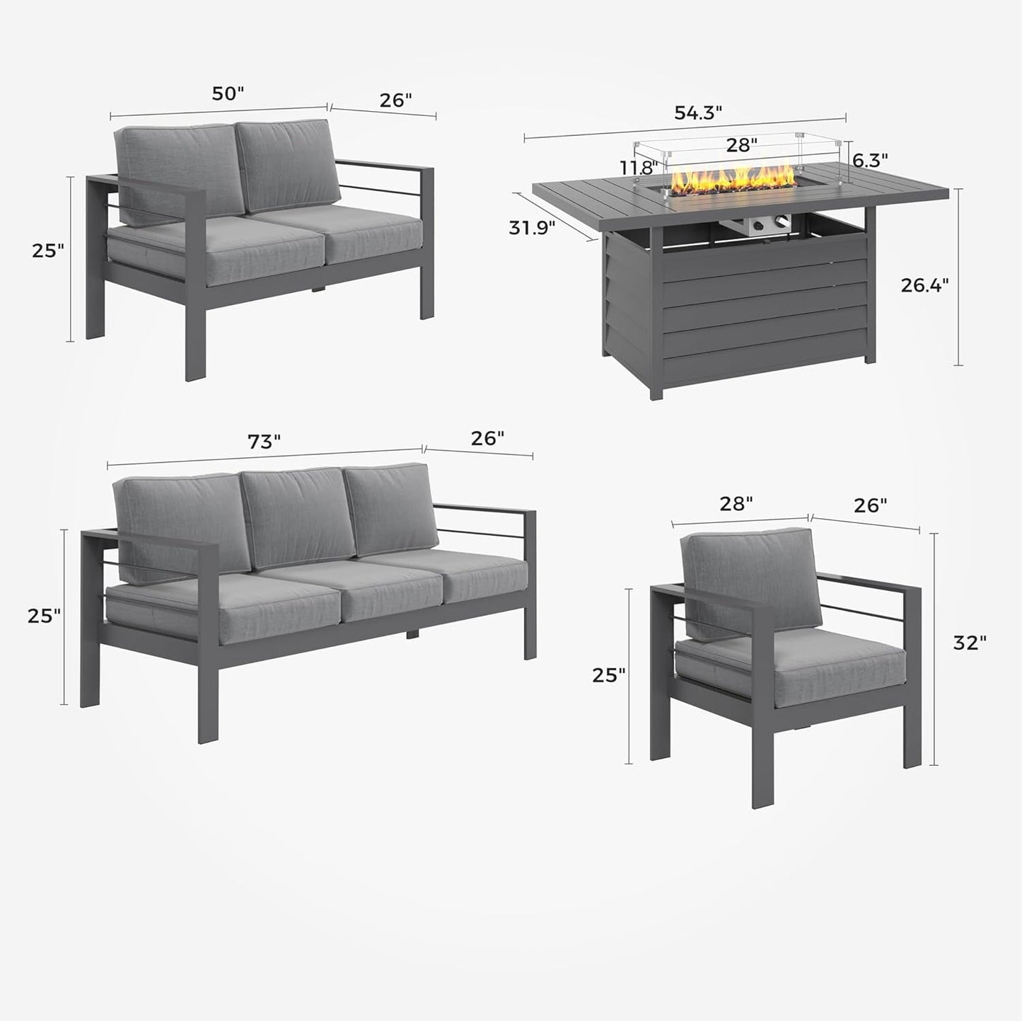 Superjoe 5 Piece Aluminum Outdoor Patio Bar Set with Fire Pit Table, Dark Gray