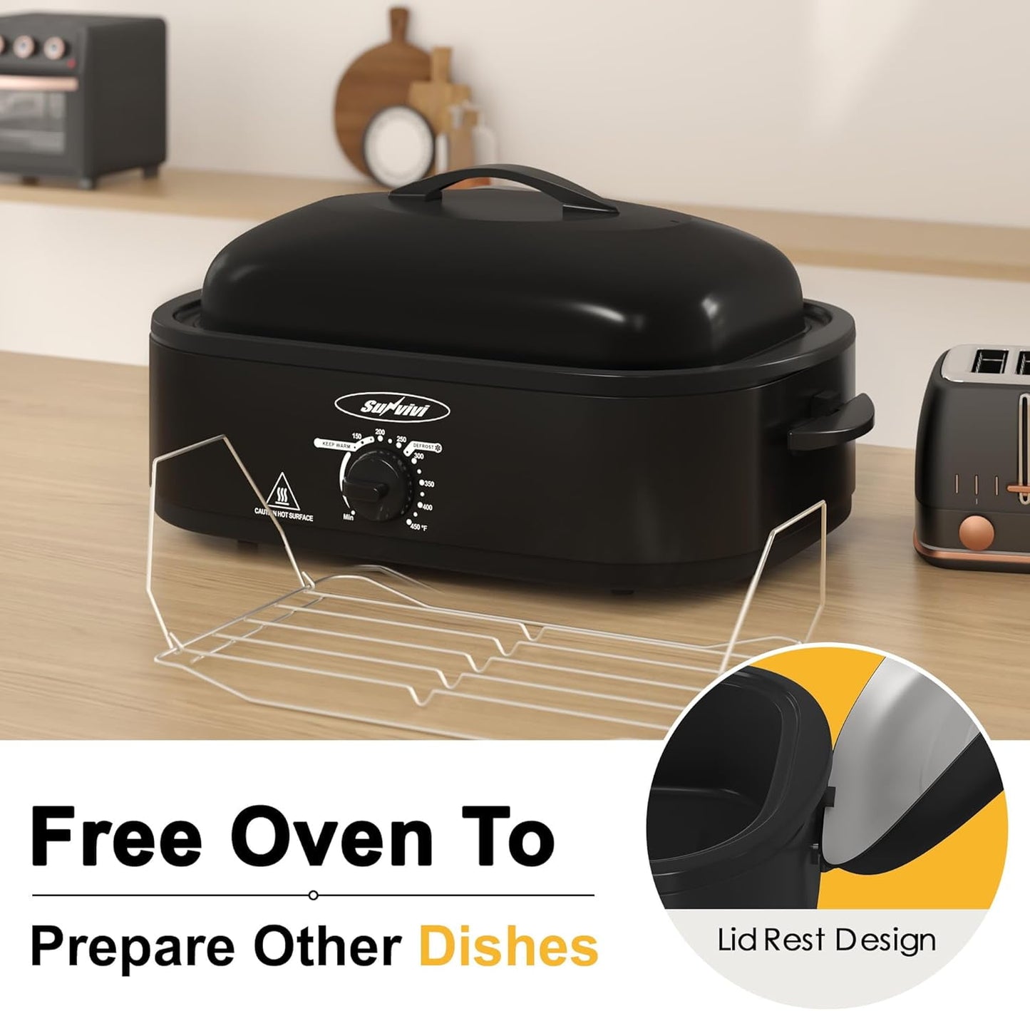 Superjoe 14 QT Electric Roaster Oven with Self-Basting Lid, Removable Pan and Rack, Stainless Steel, Black