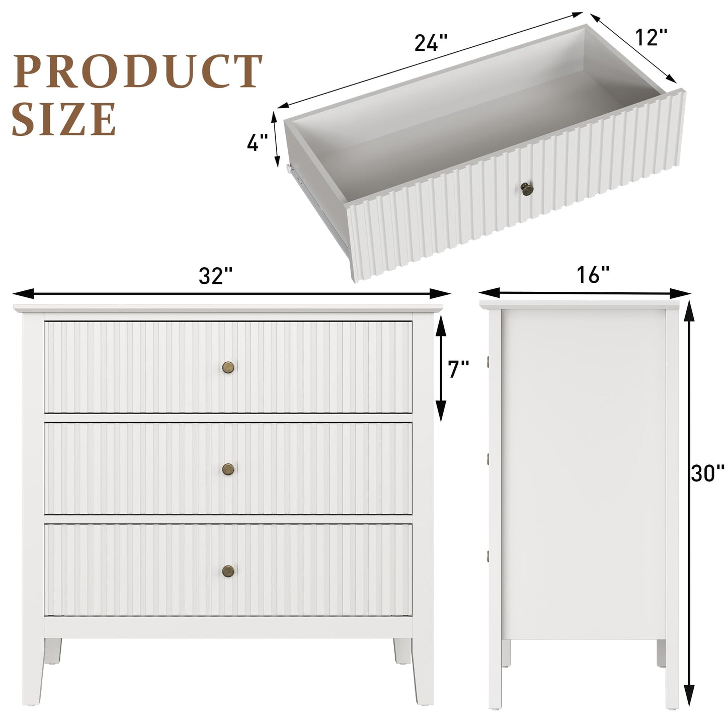 May in Color Large Fluted 3-Drawer Dresser, Wide Chest of Drawers, Modern Wood Dresser with Spacious Storage, White