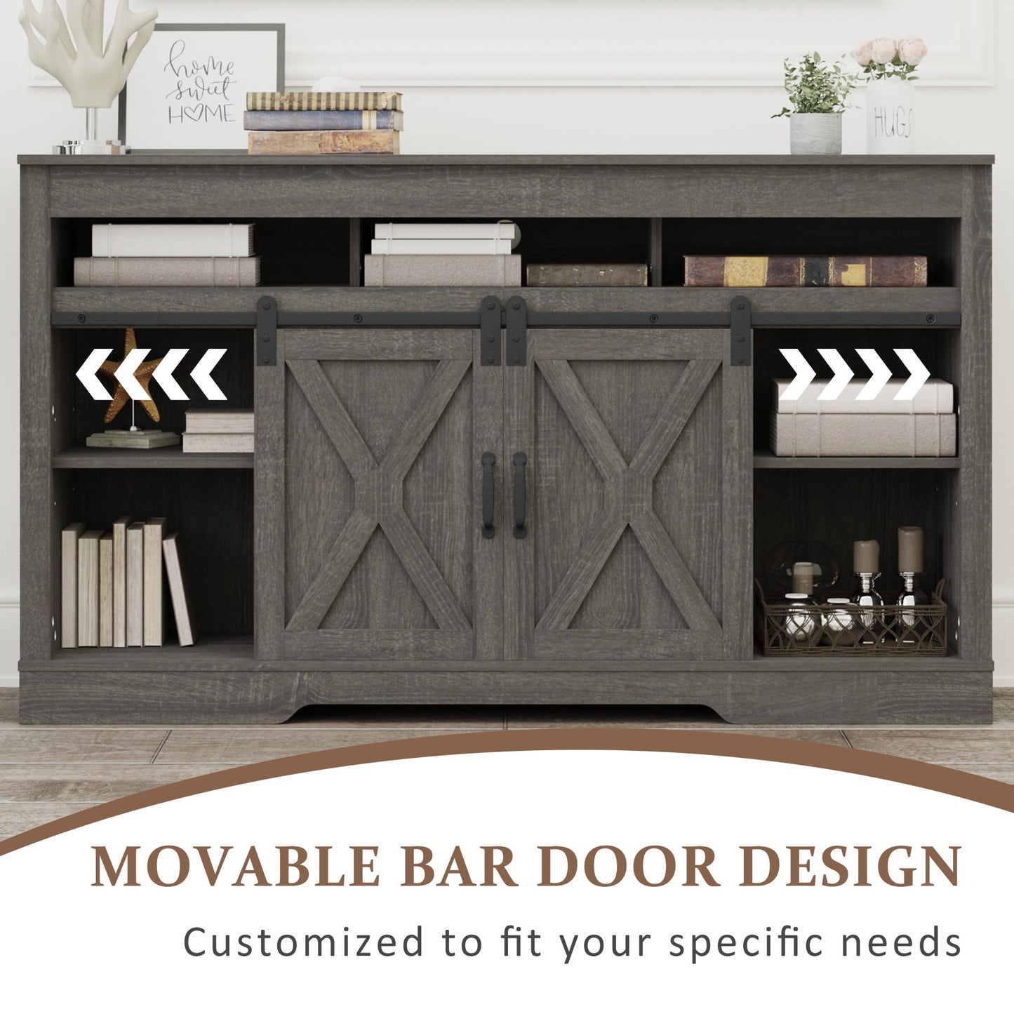 Heynemo TV Stand for 70" TVs, Modern Media Console Storage Cabinet with Sliding Barn Doors, Wooden Entertainment Center for Living Room Bedroom, Dark Gray