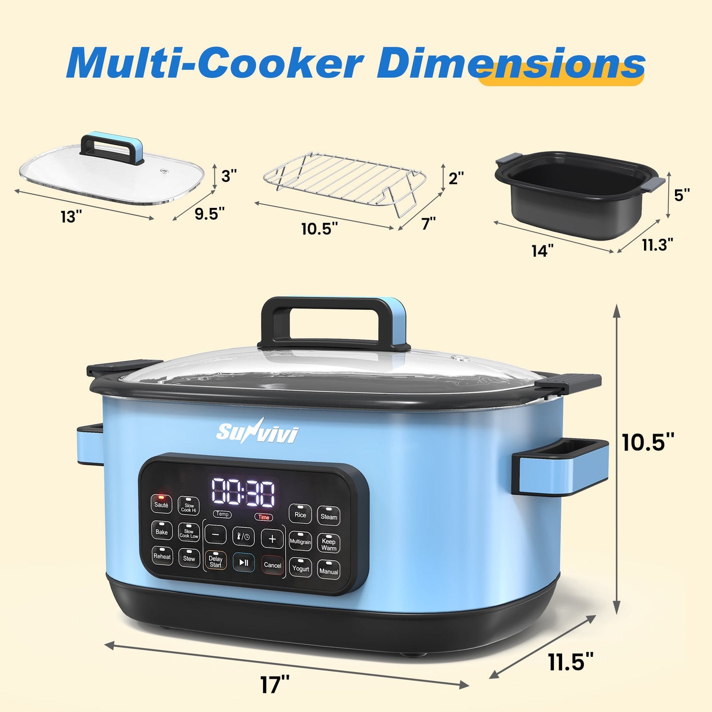Heynemo 12-in-1 Digital Programmable Slow Cooker, 6.5 QT Large Multicooker, Multi-Cooker with Timer, Temp Control, Blue