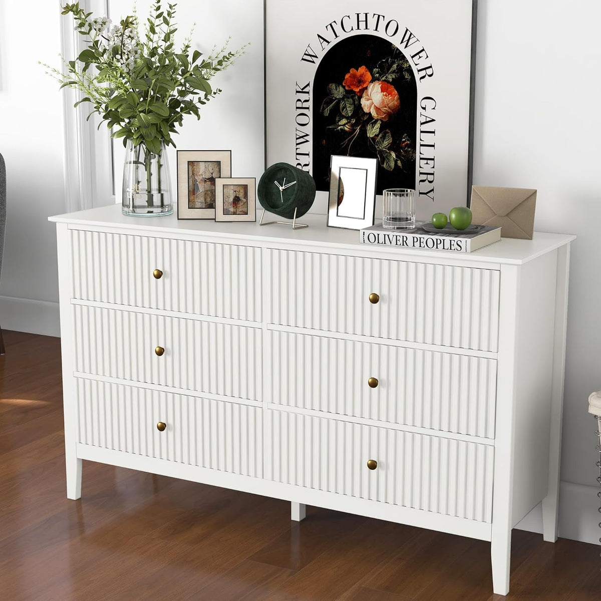 Heynemo 6 Drawer White Dresser for Bedroom, Modern Storage Chest for Living Room, Study Room