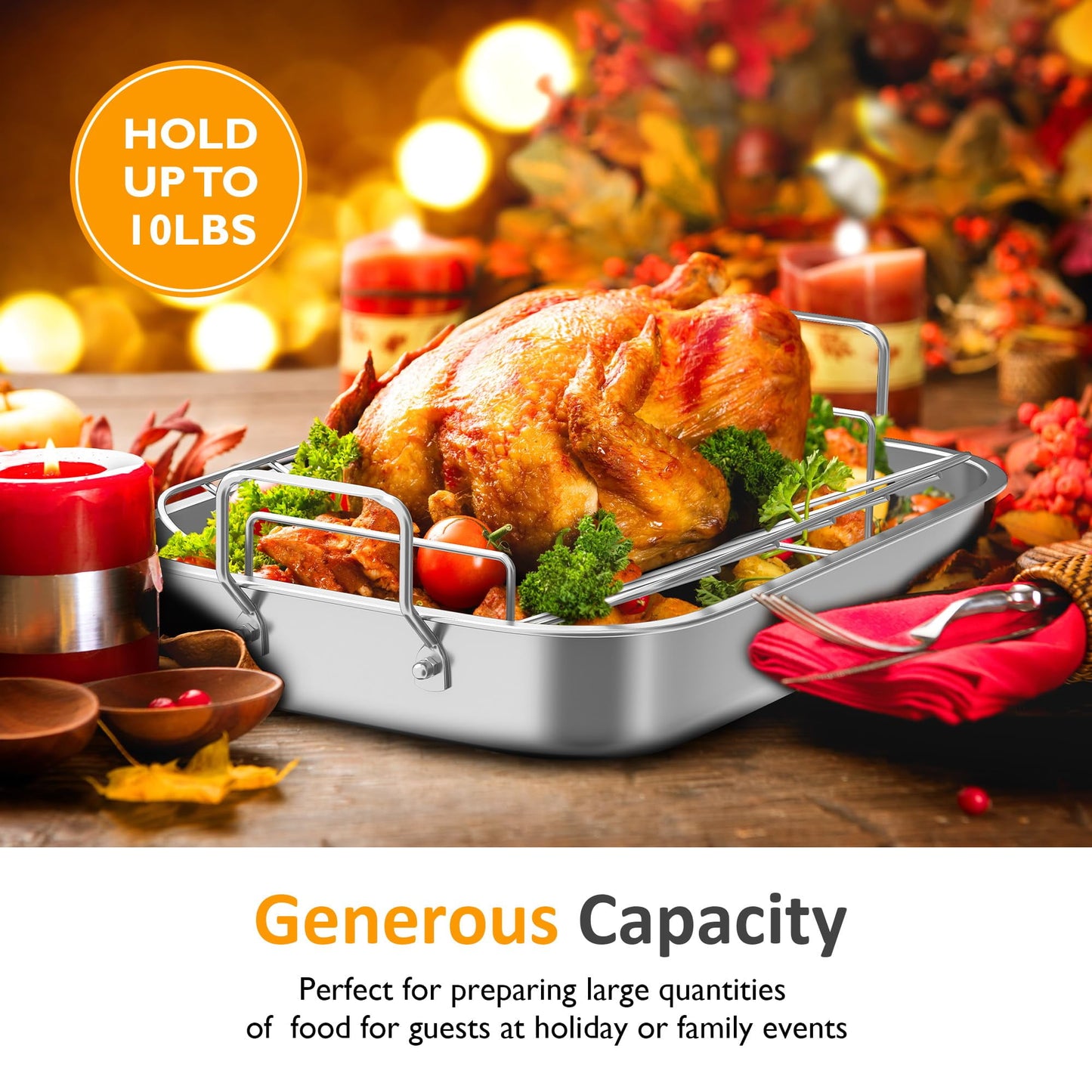 Heynemo 15.6'' Roasting Pan with V-Shaped Rack, Rectangular Lasagna Pan with Handle, Non-Stick Stainless Steal Roaster for Turkey, Chicken, Vegetable, Lasagna, Heavy Duty & Dishwasher Safe