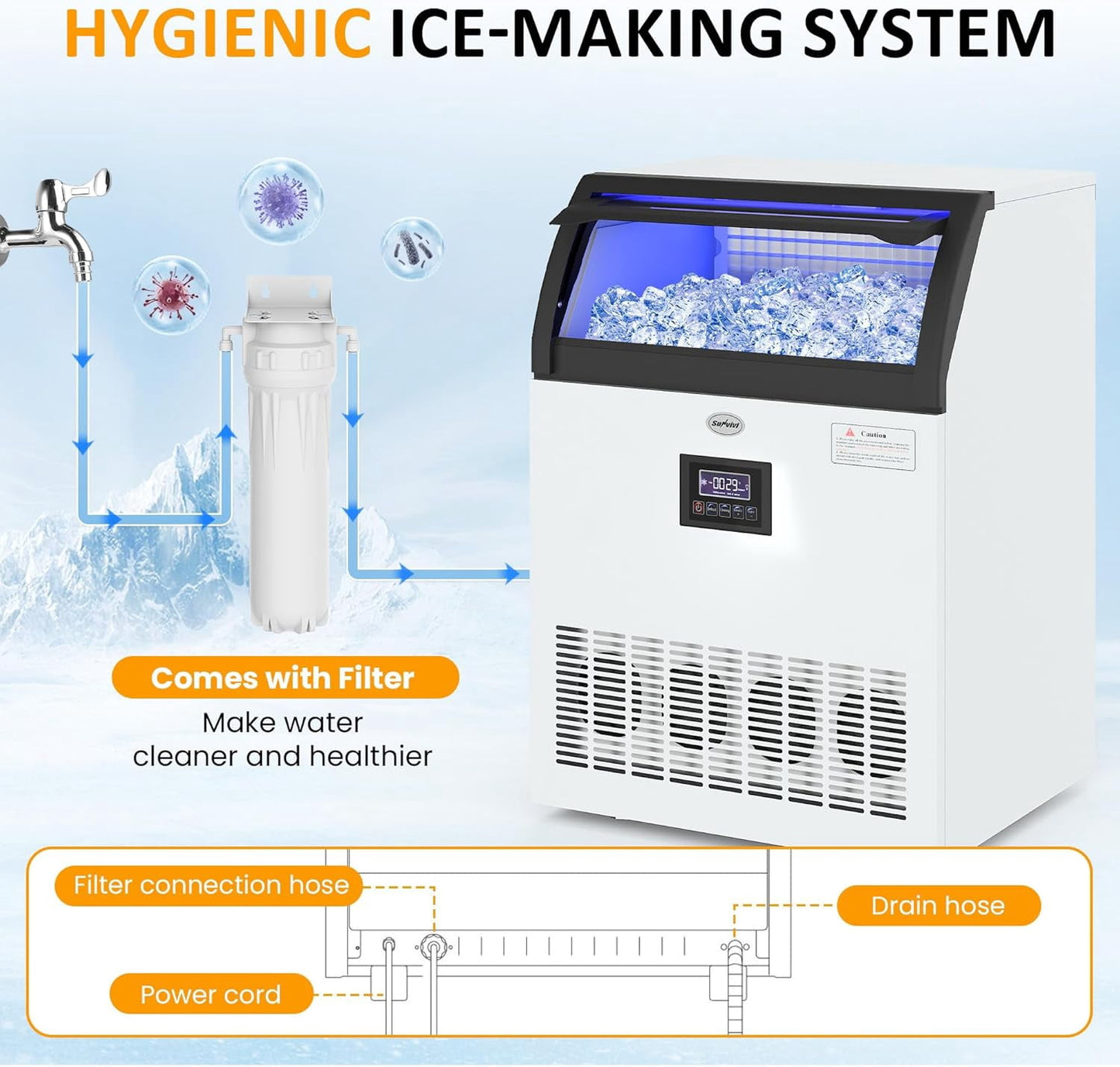 Heynemo Commercial Ice Maker Machine, 265LBS/24H, 55LBS Storage Bin, Stainless Steel Under Counter Ice Machine for Restaurants, Bars, and Home Use, Includes Water Filter, Scoop, and Hose