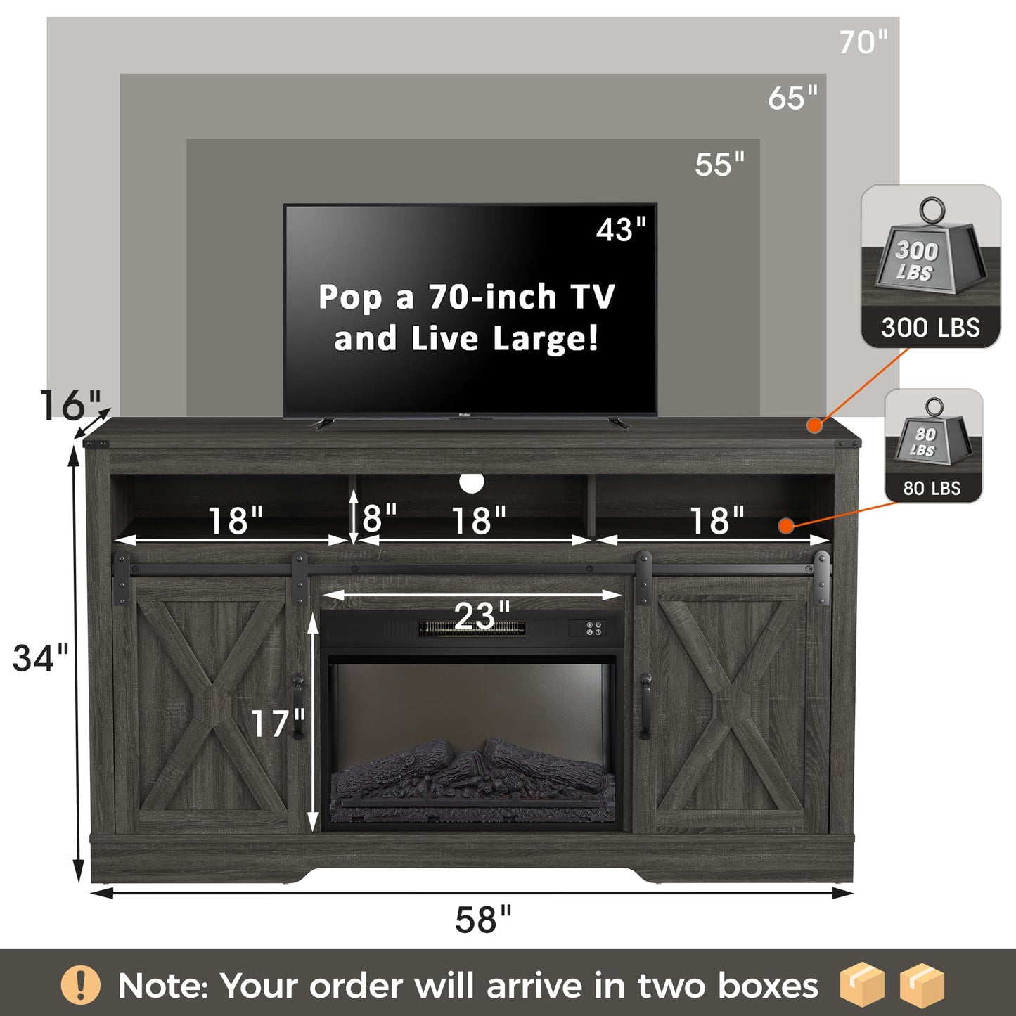 Mayincolor Fireplace TV Stand for 65+ inch, Farmhouse Entertainment Center with 23" Electric Fireplace with Remote, Modern Rustic TV Console Storage Cabinet with Sliding Bar Door , Dark Grey