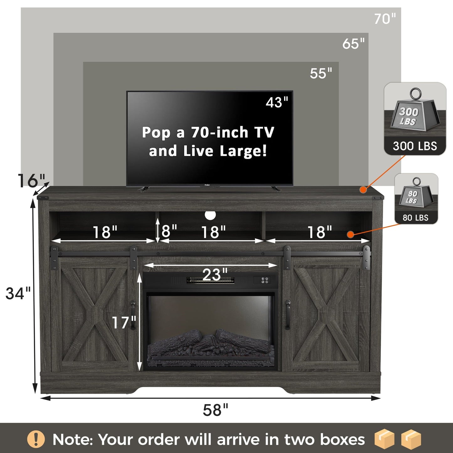 Mayincolor Fireplace TV Stand for 65+ inch, Farmhouse Entertainment Center with 23" Electric Fireplace with Remote, Modern Rustic TV Console Storage Cabinet with Sliding Bar Door , Dark Grey