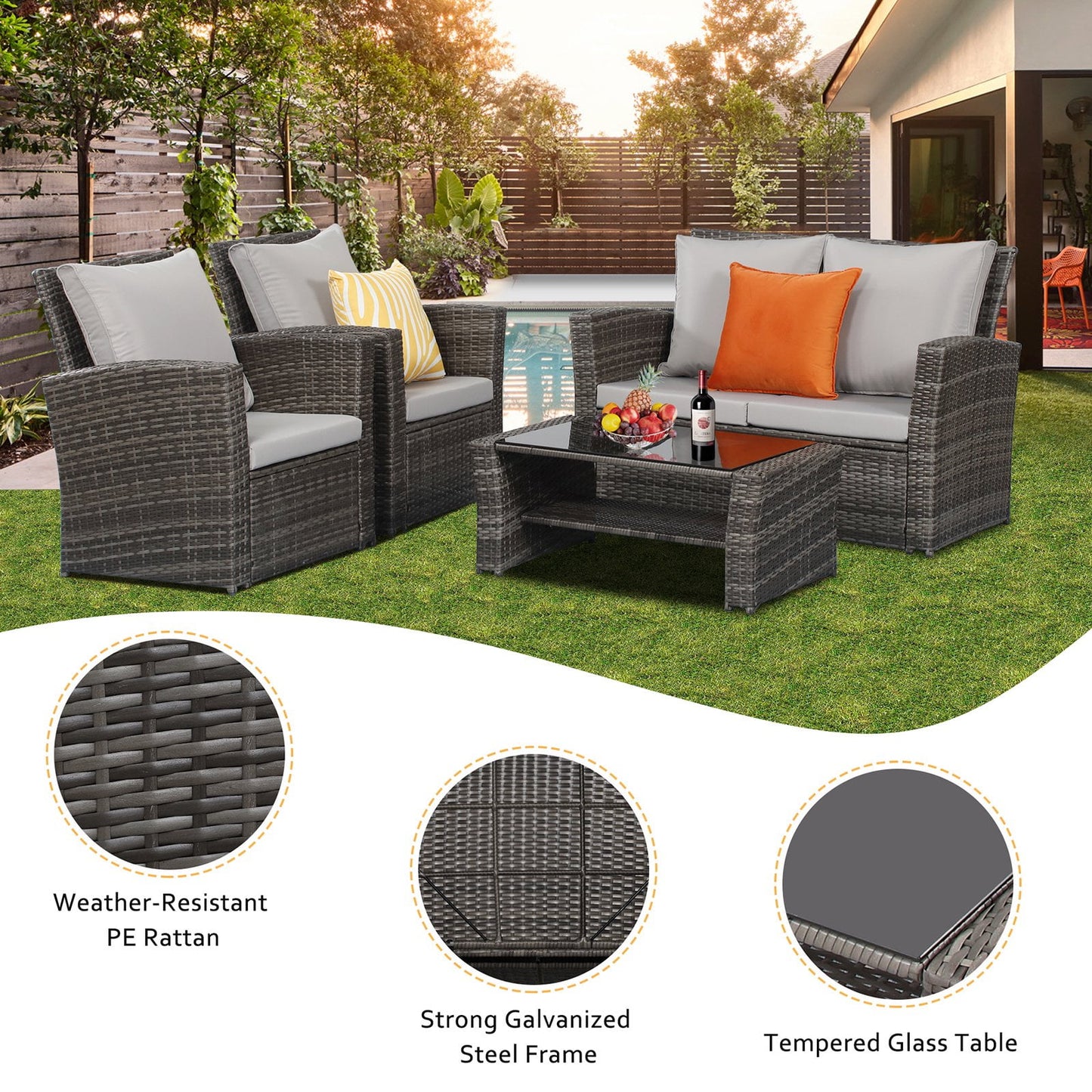 Superjoe 4 Piece Outdoor Patio Furniture Set Rattan Sectional Conversation Set, 4 Cushioned Seats, Gray, 4