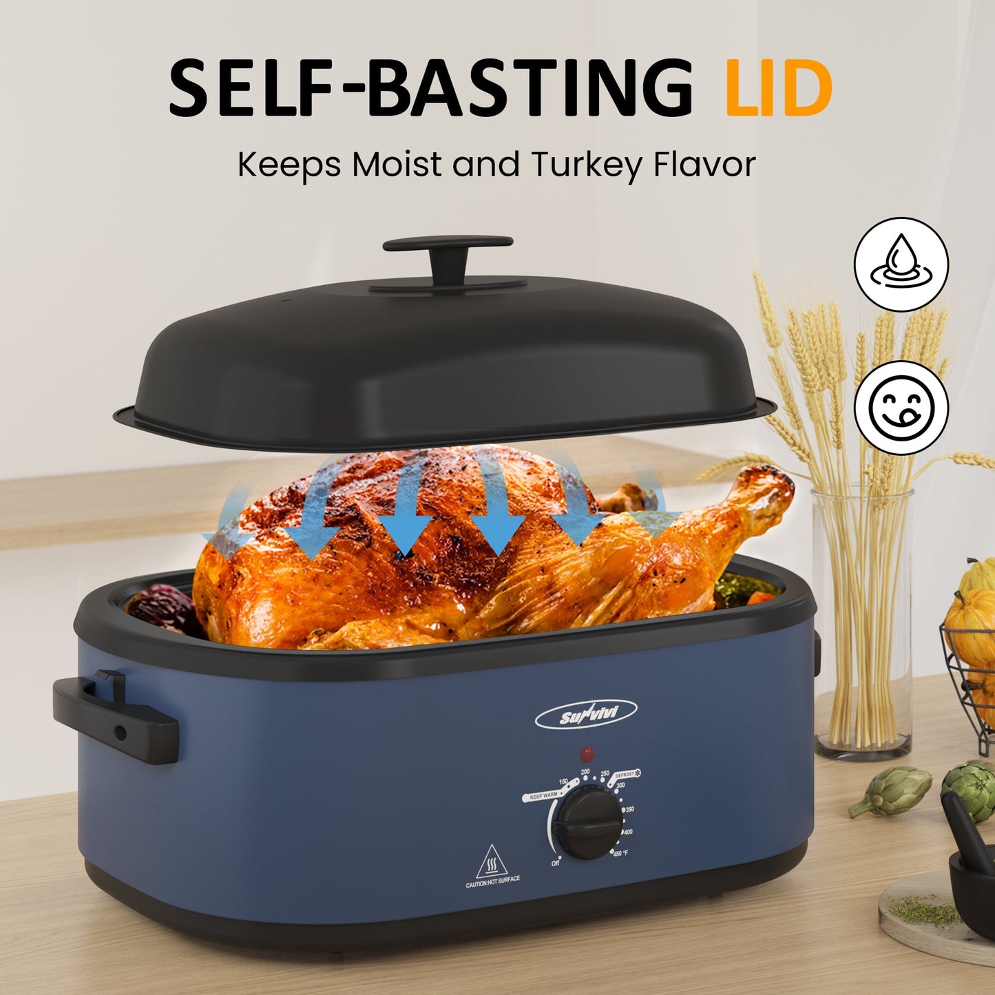 20 QT Electric Roaster Oven with 3 Compartments and Self-Basting Lid, Turkey Roaster Oven with 150-450¡ãF Temperature Control, Removable Pan & Rack, Blue