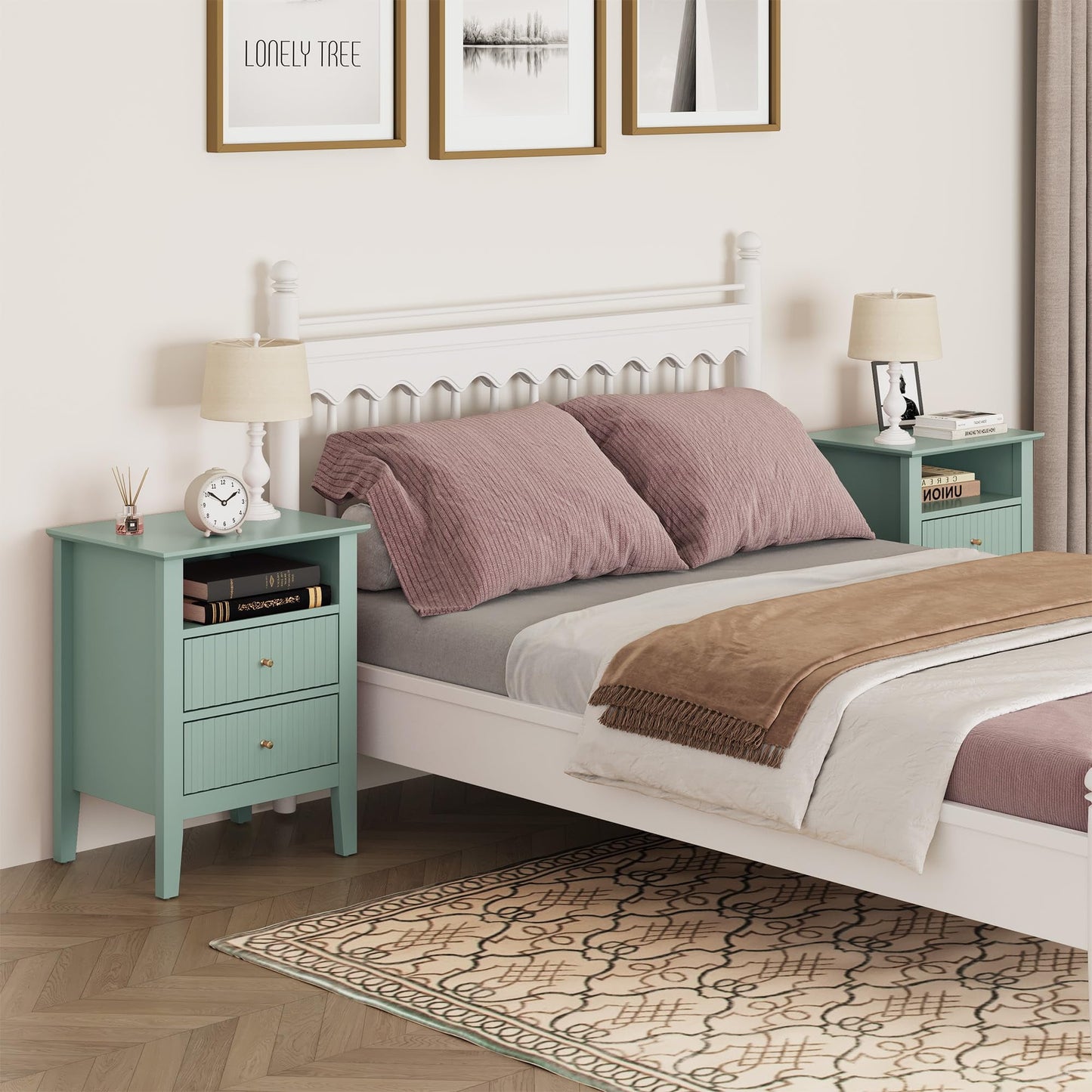 May in Color Green Fluted Nightstand with 2 Drawers Set of 2, Modern Wooden Sofa Table with Storage for Small Spaces, Tall End Table for Bedroom,Living Room, Couch Coffee Table
