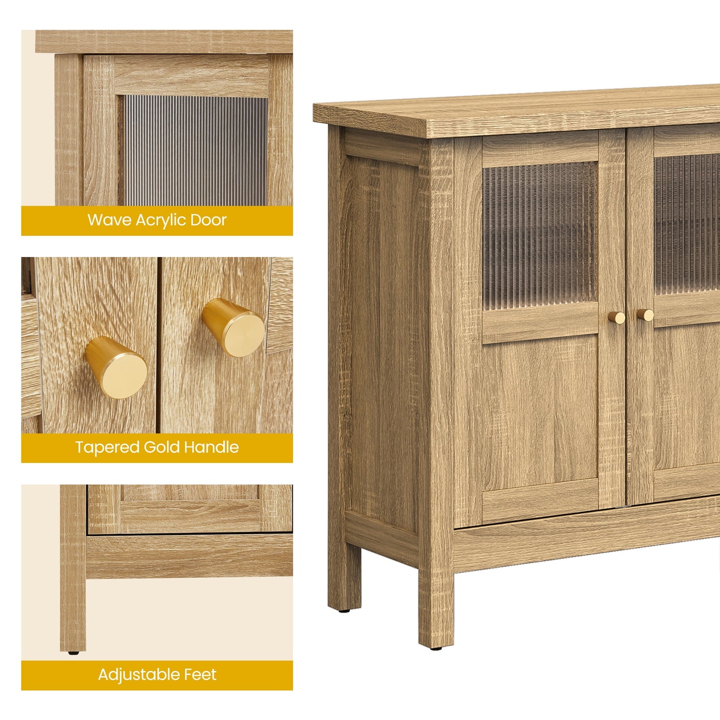 Heynemo Wood Sideboard Credenza with Storage, Buffet Cabinet with Adjustable Shelves, Accent Cabinet with Acrylic Accents for Living Room, Dining Room, Entryway