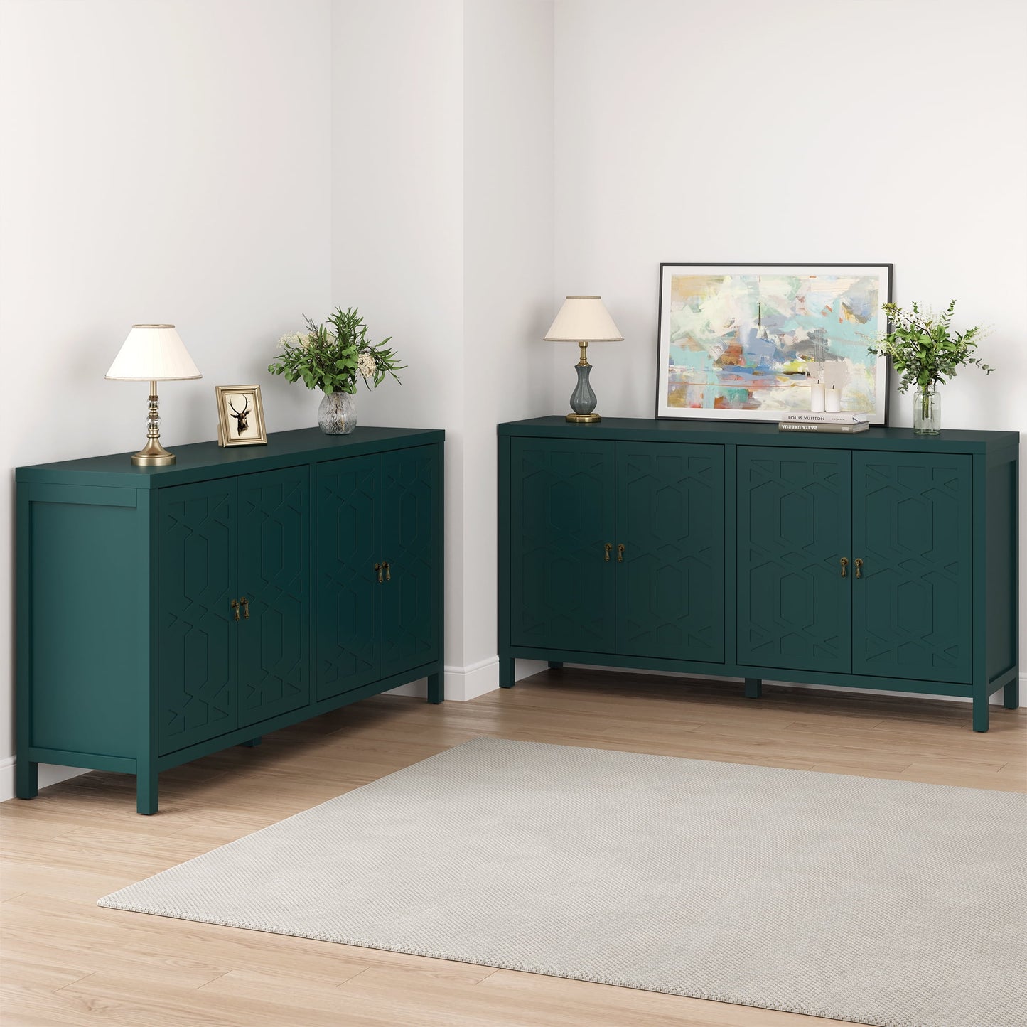 Heynemo Sideboard Buffet, 58'' Mid Century Modern Sideboard Buffet with 4 Doors and Adjustable Shelves, Sideboard Buffet for Entryway, Dining Room, Living Room, Bedroom, Turquoise