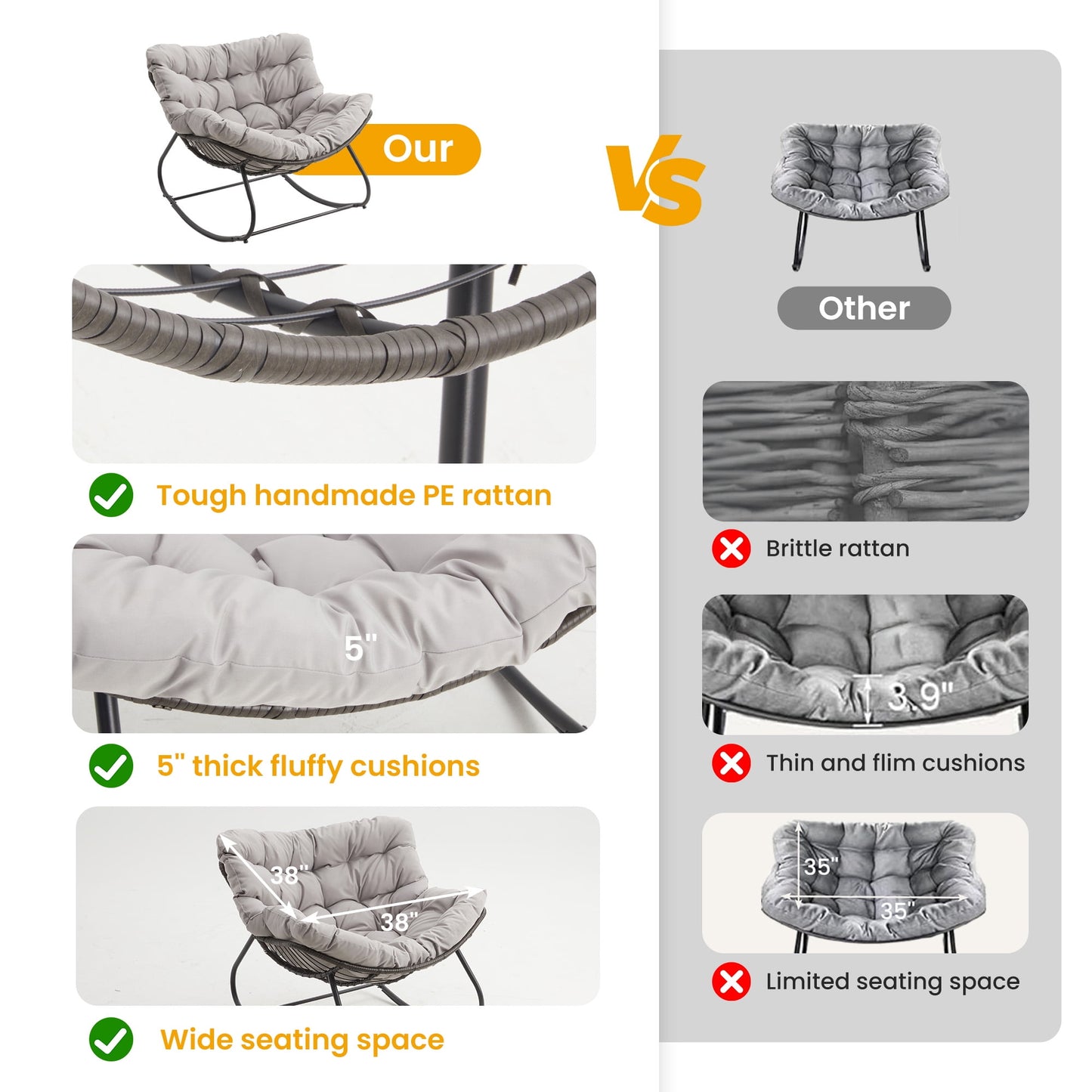Heynemo Oversized Outdoor Wicker  Rocking Chair with Ottoman, Patio Rattan Papasan Chair with Cushion & Foot Rest for Indoor Outside Porch, Garden, Living Room