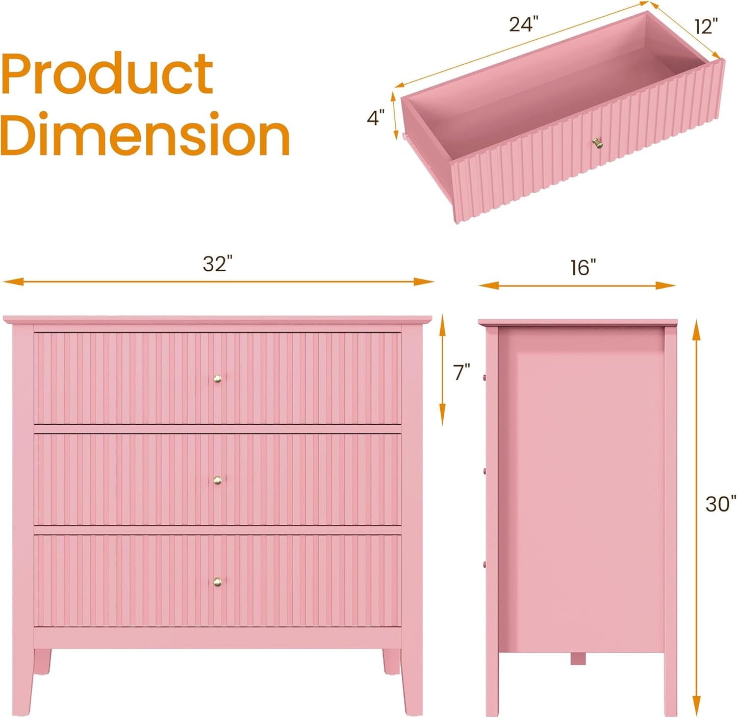 May in Color Fluted Wide Nightstand for Bedroom, Large Pink End Table with 3 Drawer, for Home and Office