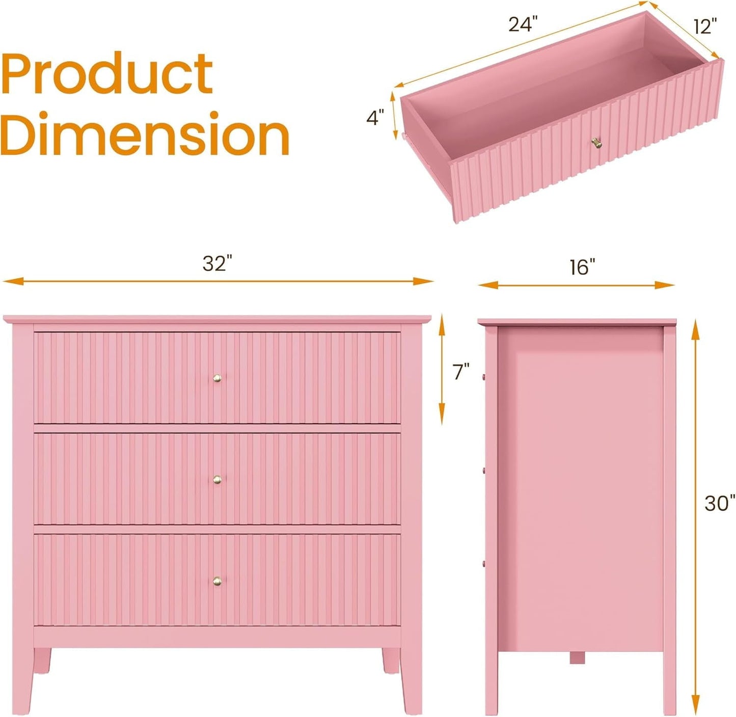 May in Color Pink Fluted Nightstand with 3 Drawers, Modern Bedroom End Table, Wood Bedside Table