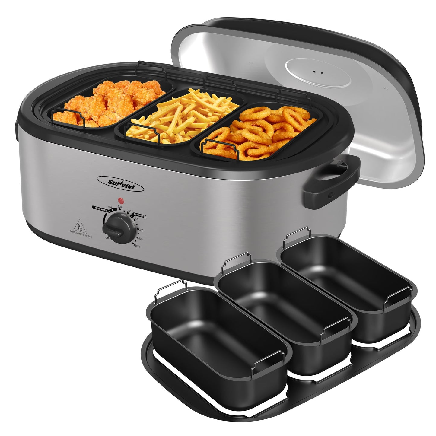 Sunvivi 24 QT Electric Roaster Oven with 3 Compartments, Self-Basting Lid, Silver