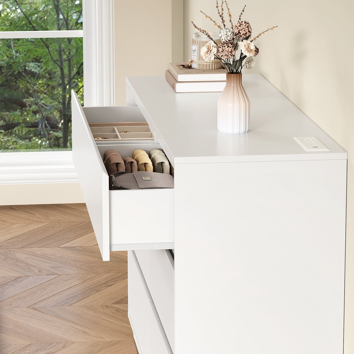 May in Color 6 Drawer Dresser with Charging Station for Bedroom, White