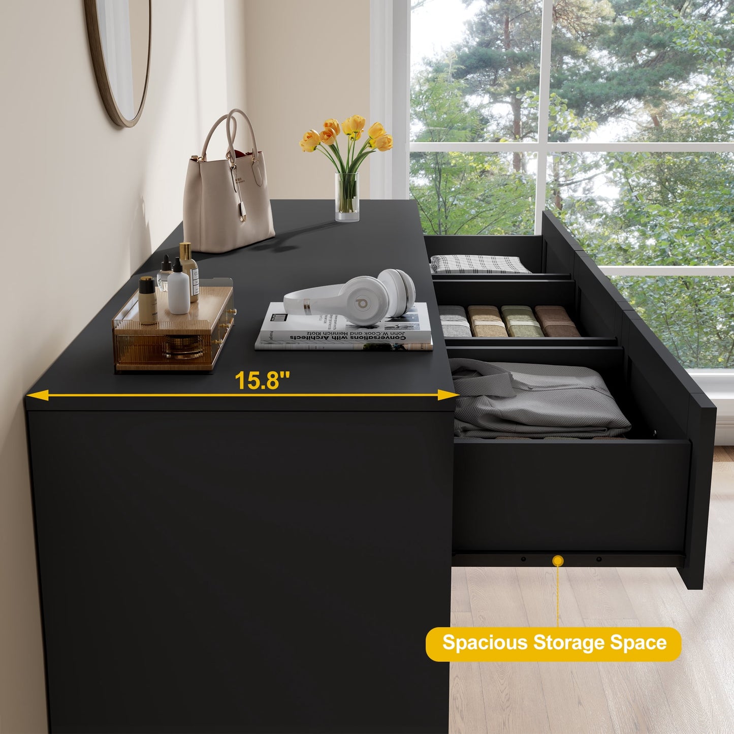 May in Color Dresser for Bedroom with 7 Drawers, Wood Drawer Organizer for Bedroom, Living Room, Hallway, Black