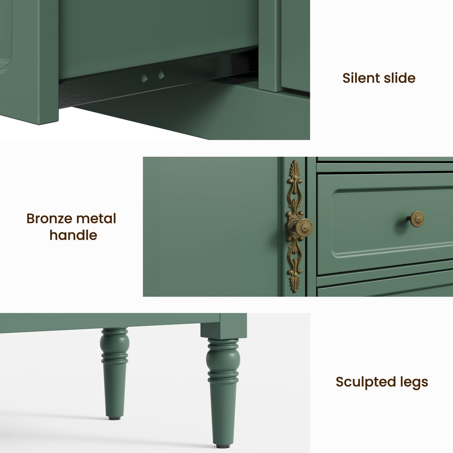 Heynemo Storage Cabinet Set of 2 with 2 Doors & 3 Drawers, Sideboard Cabinet with Adjustable Shelves, Wood Buffet Cabinet with Turned Legs, Ideal for Entryway, Living Room, Dining Room, Green