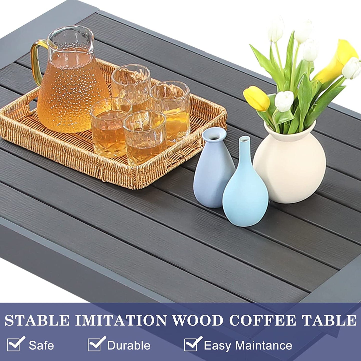 Superjoe Outside Patio Aluminum Coffee Table, Outdoor End Table with Aluminum Frame, Modern All-Weather Metal Rectangle Table Garden Furniture, Dark Grey