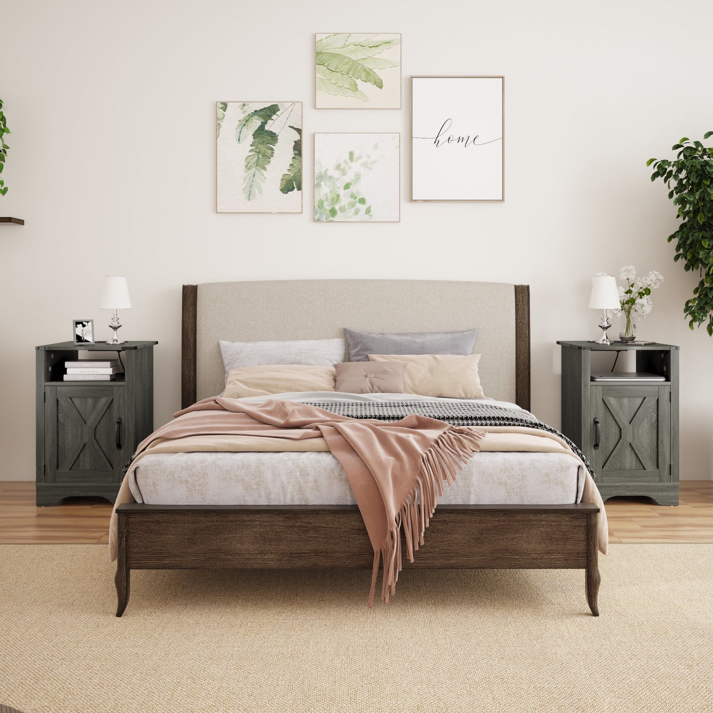 Superjoe 2Pcs Farmhouse Nightstand w/Charging Station, Wooden Rustic Tall Bedside Table, End Table w/Storage Shelf & Shelf for Bedroom, Living Room, Dark Gray