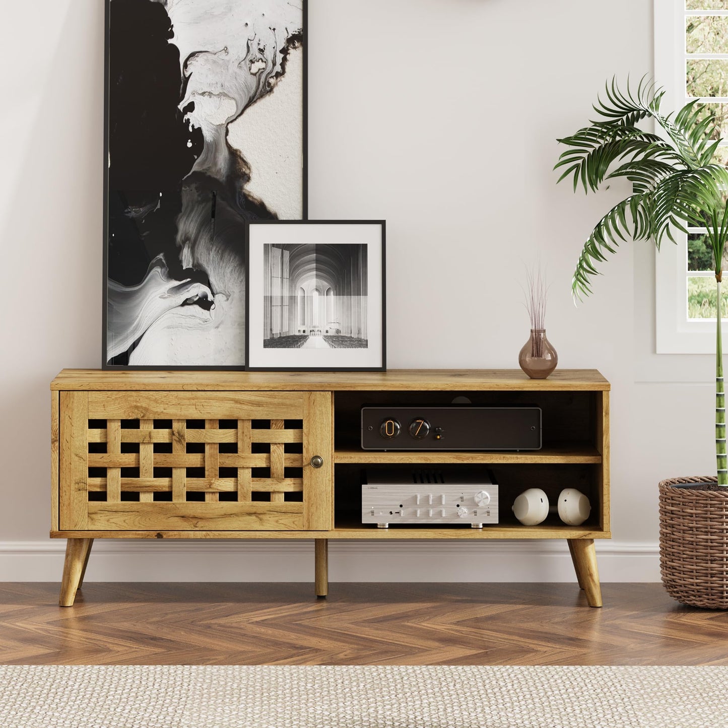 Heynemo TV Stand with Storage for 55 Inch TVs, Wood TV Entertainment Center, Mid Century Modern TV Entertainment Center with Storage, TV Consoles Cabinets for Living Room, Bedroom