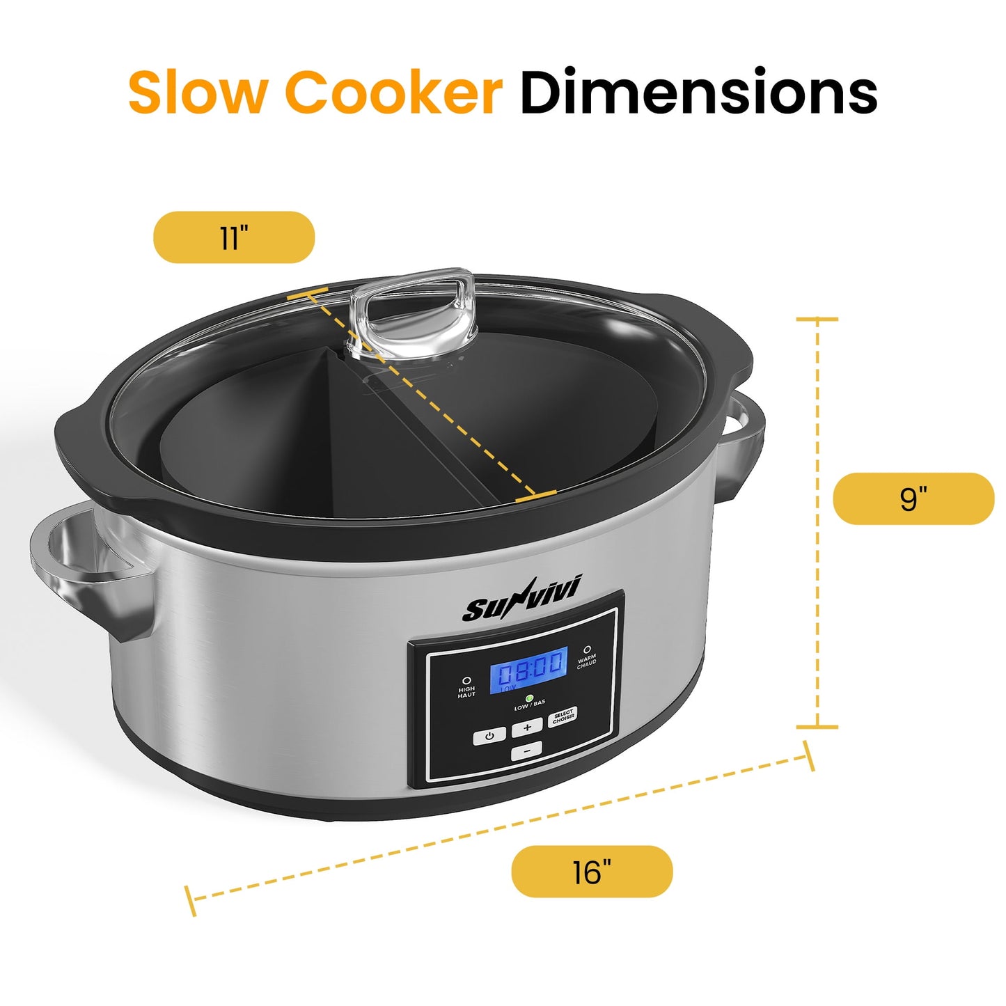 Heynemo 6 Qt Programmable Slow Cooker with 2-in-1 Silicone Liners and Digital Timer - Silver