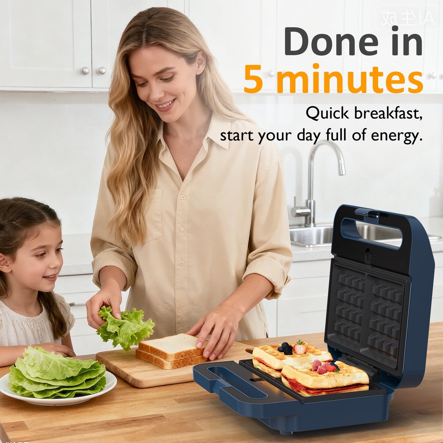 Heynemo Versatile 3-in-1 Waffle Maker & Panini Press, 1000W Electric Sandwich Maker with Removable Non-Stick Plates, Tempered Glass Lid, Cool Touch Handle & Easy Cleanup