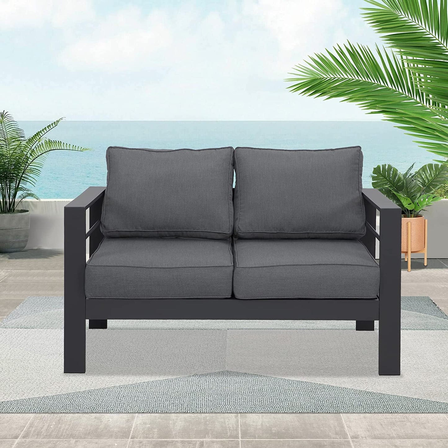 Superjoe Outdoor 2 Seats Patio Aluminum Sofa Furniture, All-Weather Couch Loveseat Gray Metal Chair with Cushions, Dark Grey