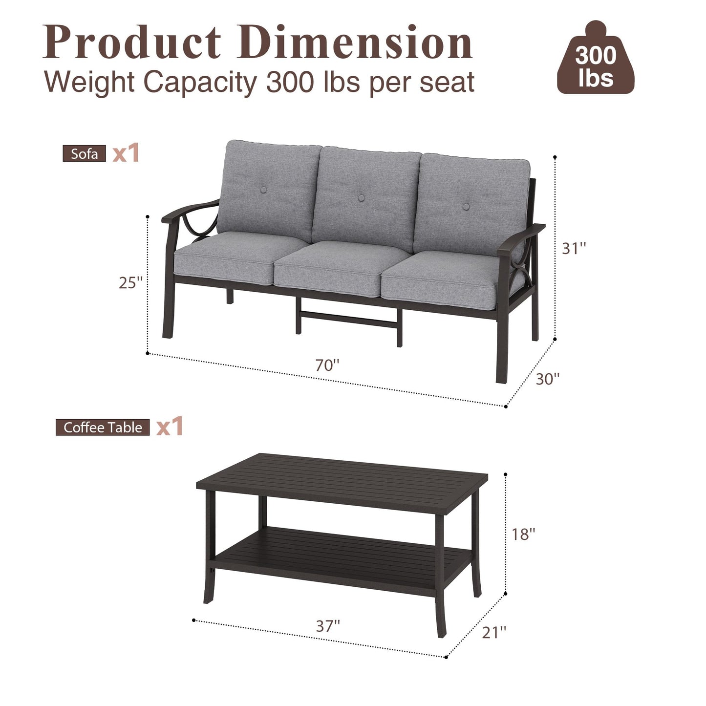 Heynemo Outdoor Patio Furniture Set, 2 Piece Patio Conversation Set, Metal Furniture Set with 3 seat Sofa for Porch Backyard, Black Metal Chair with Gray Cushions