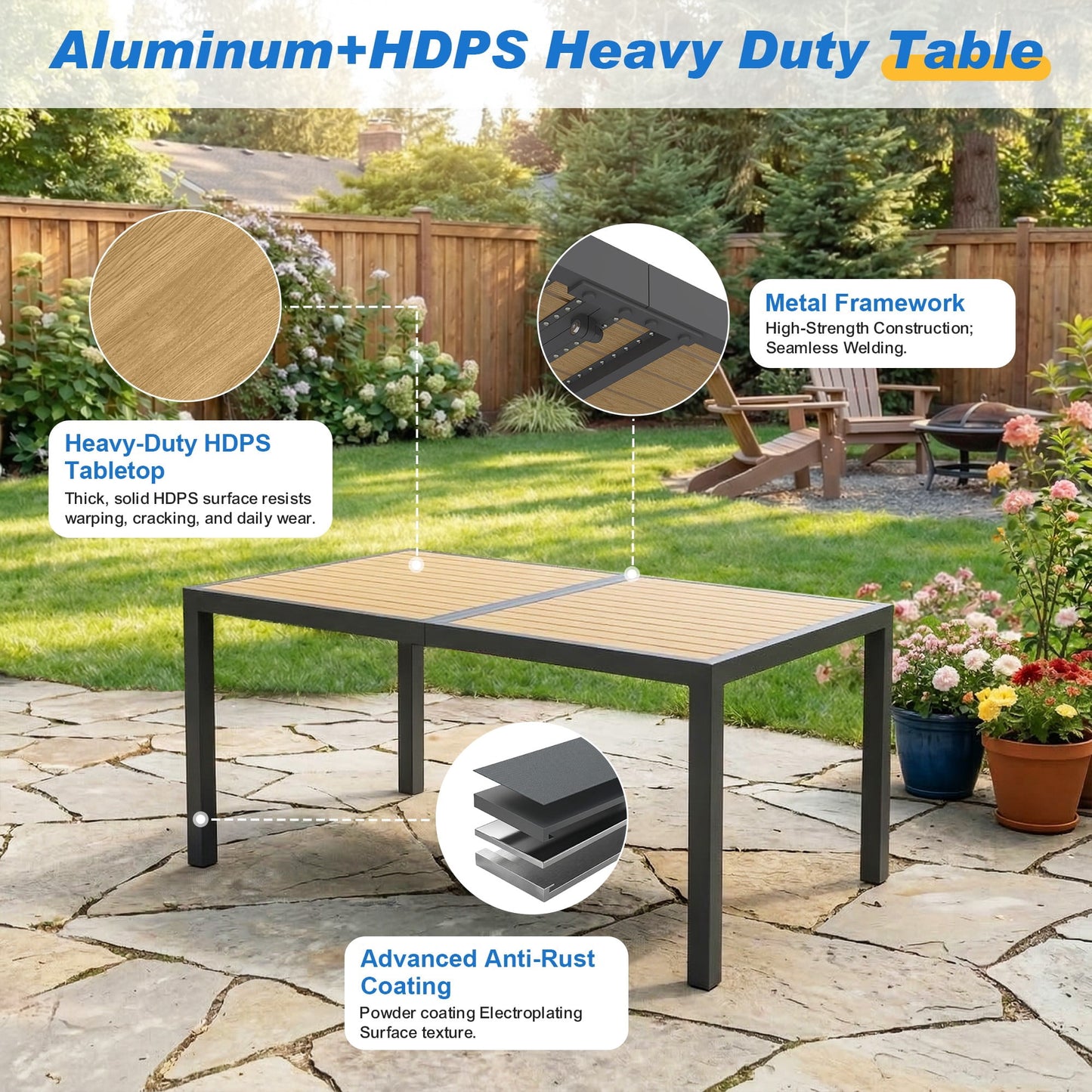 Heynemo 7-Piece Outdoor Dining Set with Patio Table, Aluminum Patio Table Set for 6 Persons with HDPS Tabletop, for Garden, Deck, Gray
