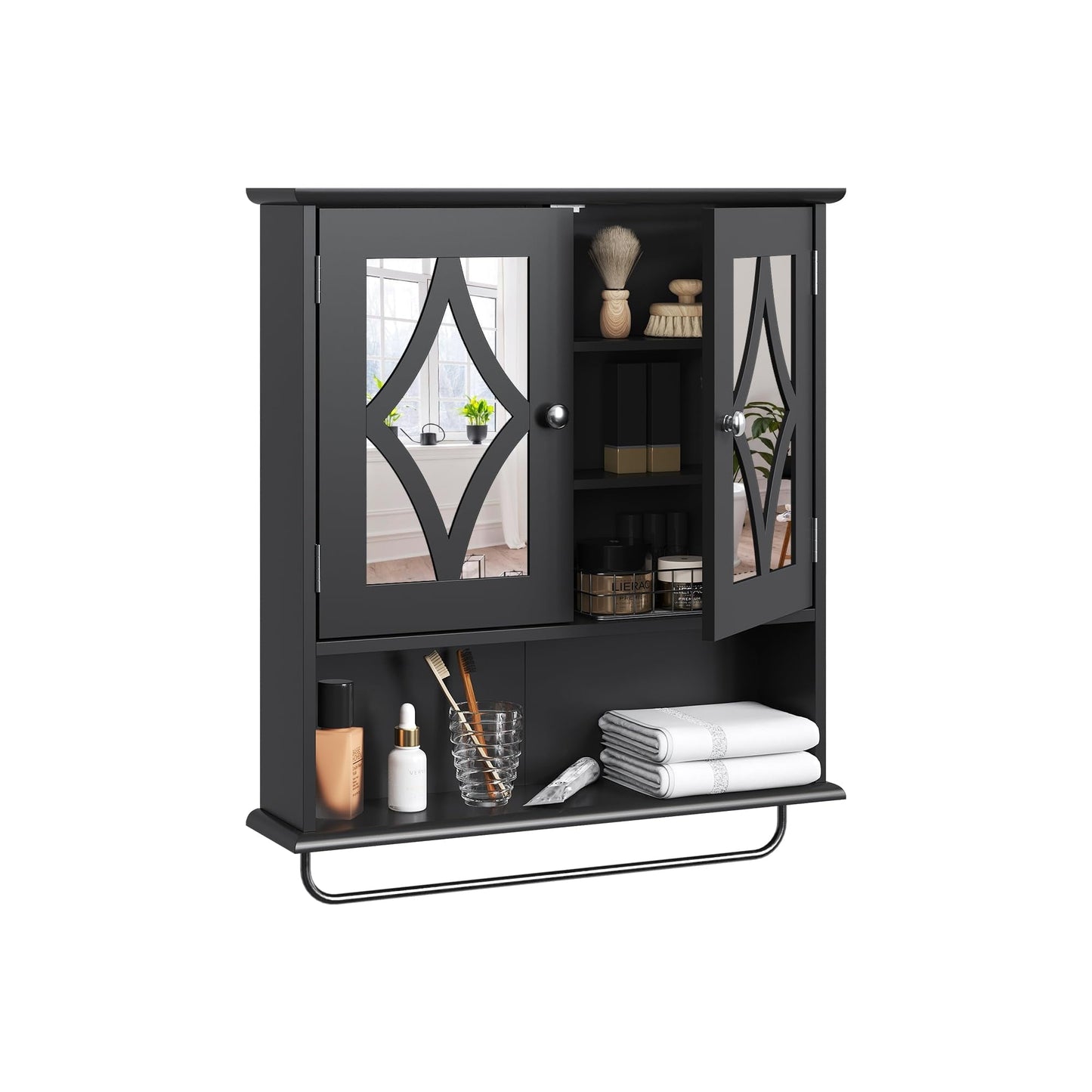 RoyalCraft Bathroom Medicine Cabinet with Mirror, Vanity Wall Mounted Storage Cabinet with Adjustable Shelves and Towel Bar, Hanging Wall Cabinet for Bathroom, Laundry, Living Room, Black