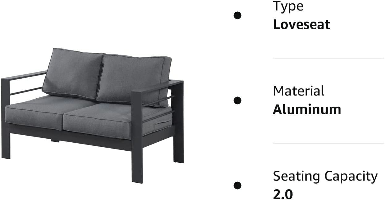 Superjoe Outdoor 2 Seats Patio Aluminum Sofa Furniture, All-Weather Couch Loveseat Gray Metal Chair with Cushions, Dark Grey